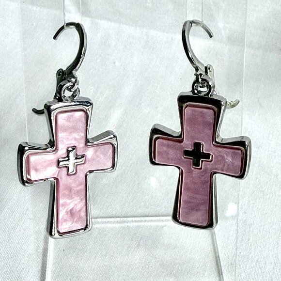 Pink Mother of Pearl Cross Dangle Earrings Silver Tone Leverback - Picture 4 of 7